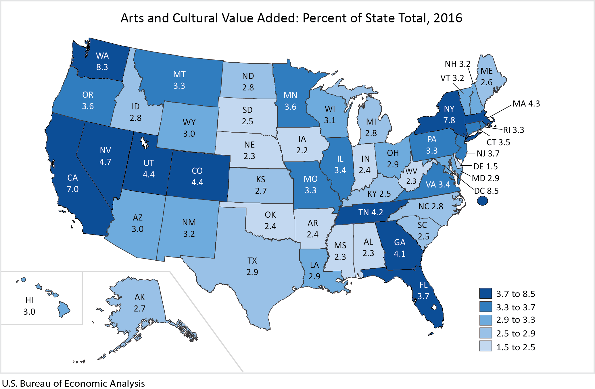 Arts and Cultural Value Added Map: Percent of State Total 2016