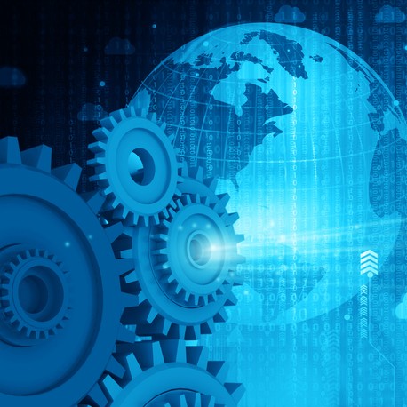 Blue-toned image of interconnected gears and a digital globe, symbolizing global technology and innovation.