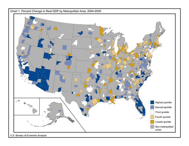 Chart 1, showing contribution to percent change in real GDP by metro area, 2004-2005