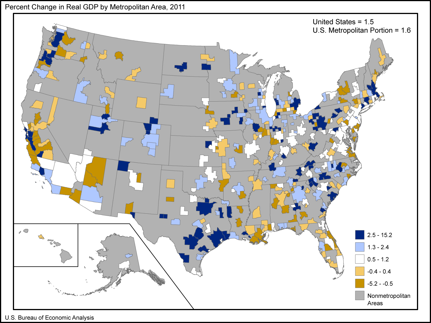 Percent change in real GDP by metro area, 2010-2011