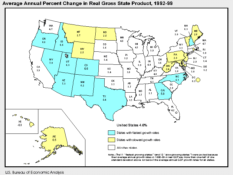 map of states showing average annual percent change in real gross state product, 1992-99
