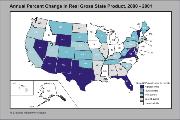 United States map showing annual percent change in real gross state product, 2000-2001