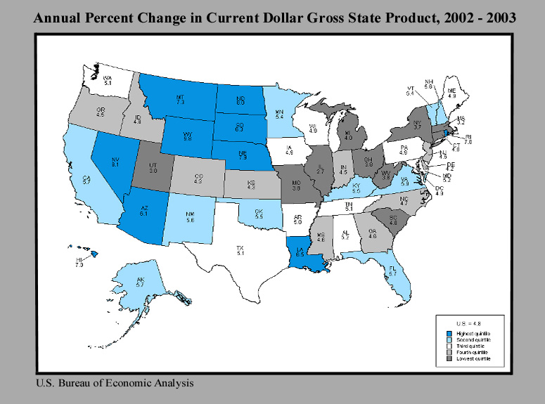Chart 1: map of United States showing percent change in current dollar gross state product, 2002-2003