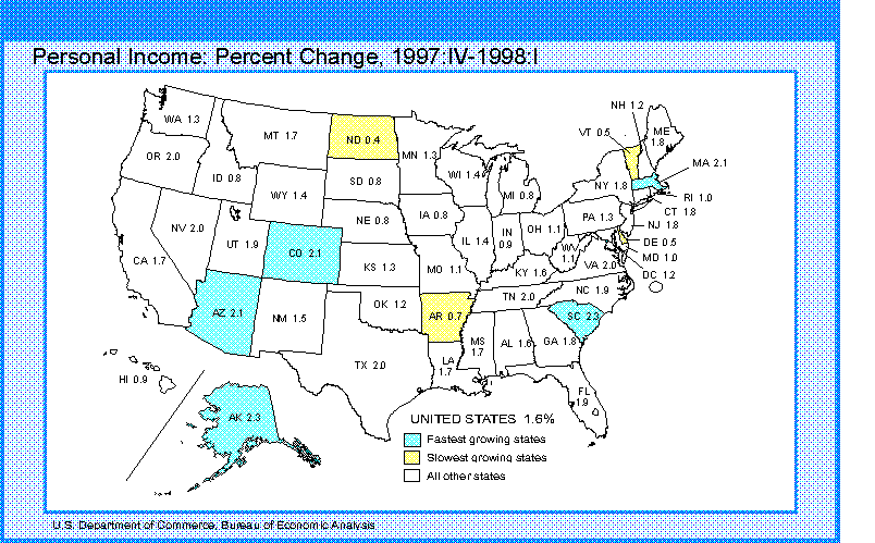 Map of States -- personal income, percent change 1997:IV - 1998:I