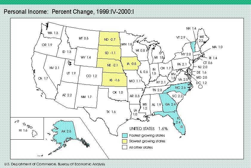 map of states, percent change in personal income