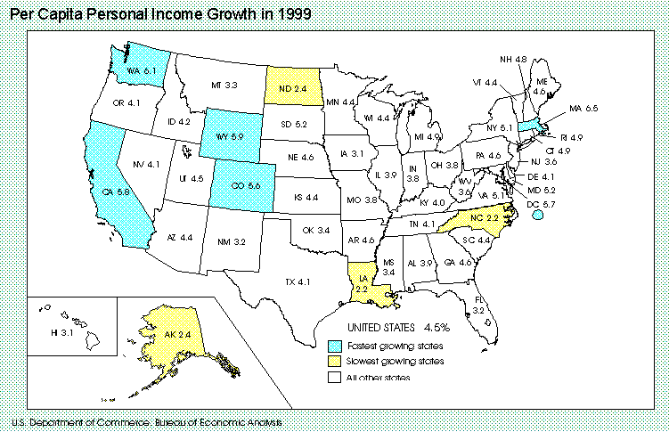 U.S. map, PCPI growth in 1999