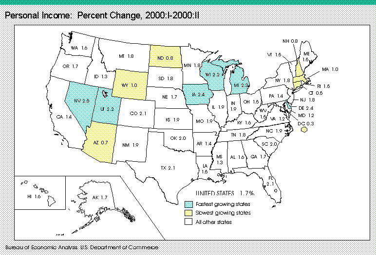 map of States, percent change in personal income