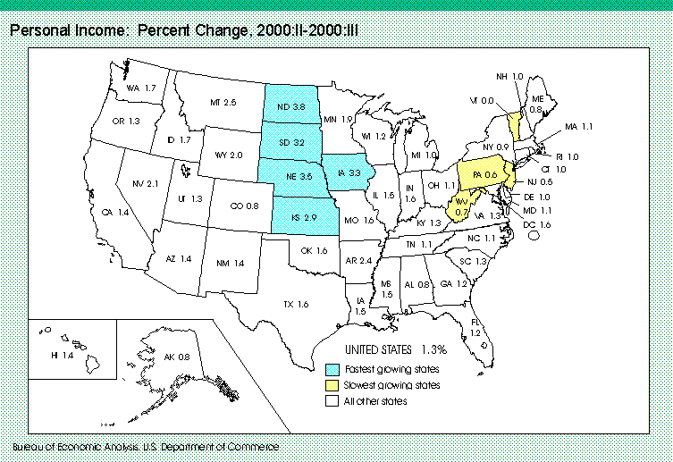 map of States, percent change in personal income