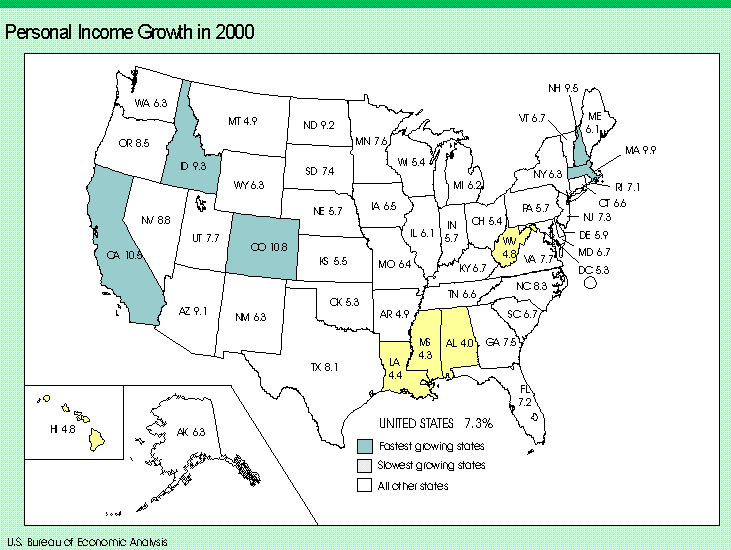 map of States, personal income growth in 2000