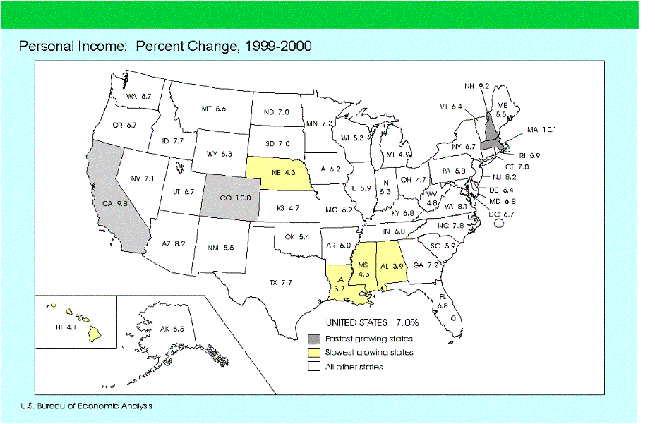 map of US states, personal income percent change 1999-2000