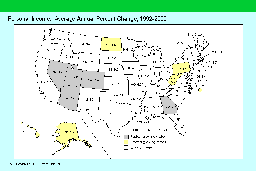map of US states, personal income average annual percent change 1992-2000