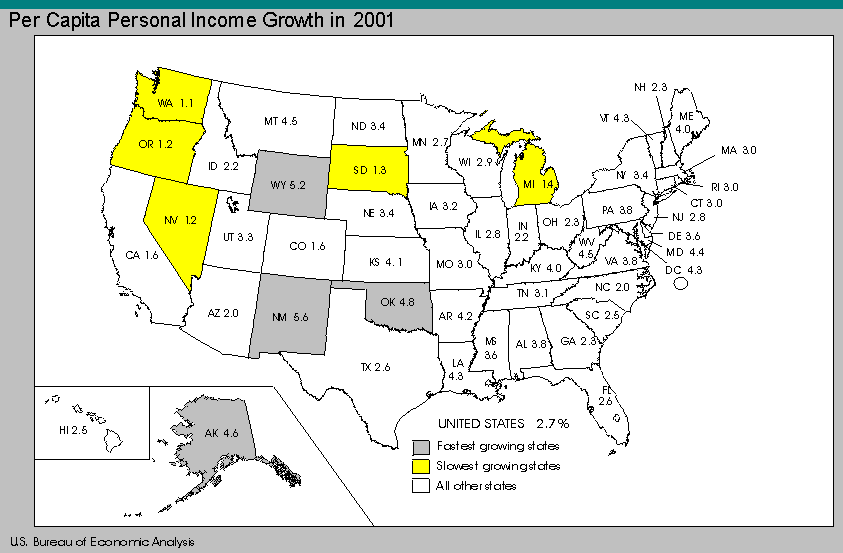 map of US showing per capita personal income growth in 2001