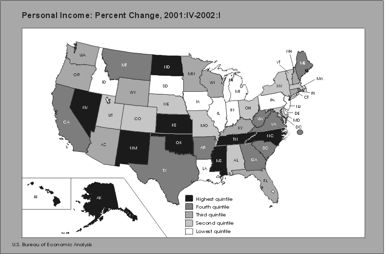 Map of States showing personal income, percent change 2001:IV-2002:I