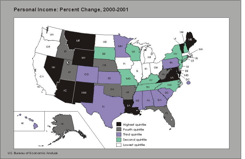 Map showing State growth rates in personal income in 2001 by quintiles