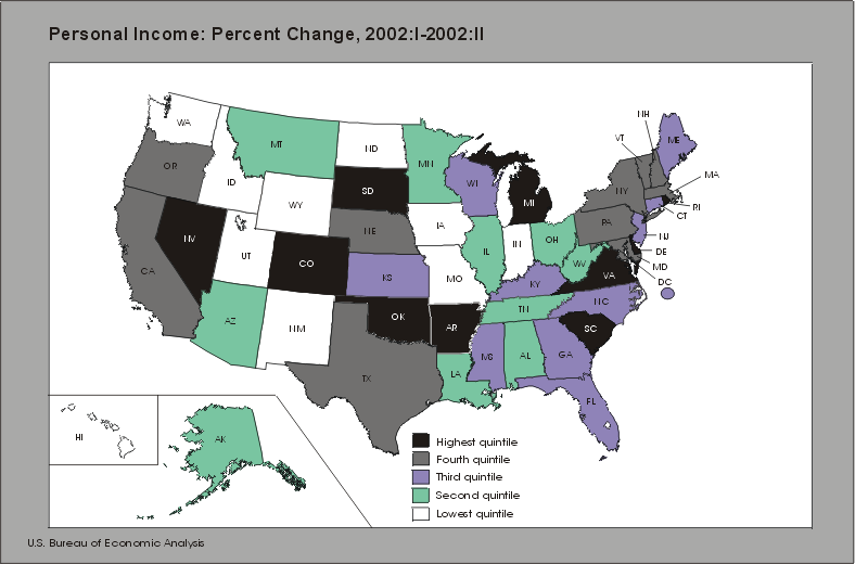 Map of States showing personal income, percent change 2002:I-2002:II