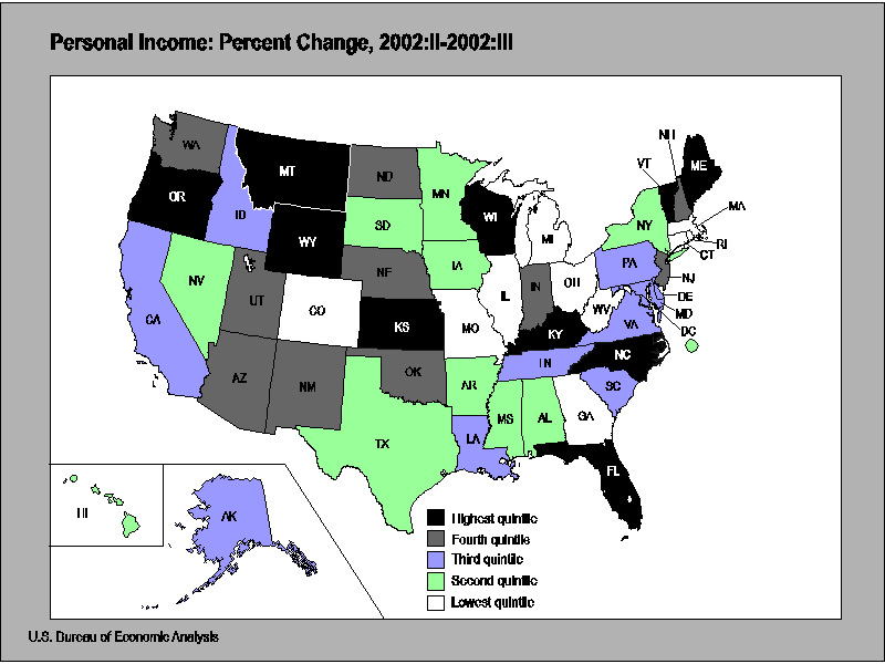 Map of States showing personal income, percent change 2002:II-2002:III