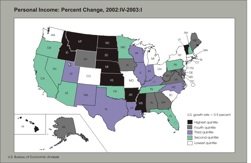 map of United States showing personal income percent change 2002:IV - 2003:I