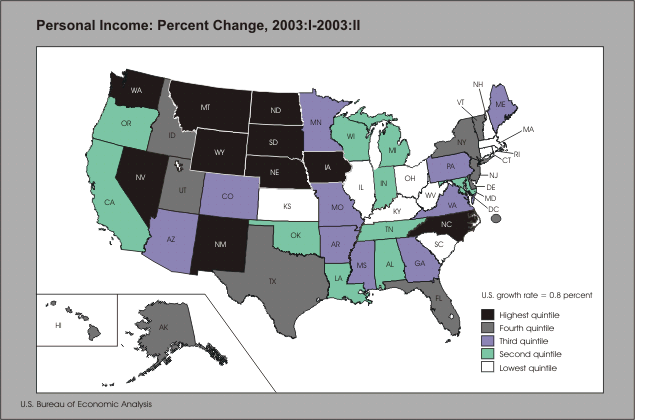 Chart 1: map of United States showing personal income percent change 2003:I - 2003:II