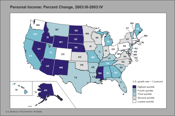 Chart 2: map of United States showing personal income percent change from the previous quarter