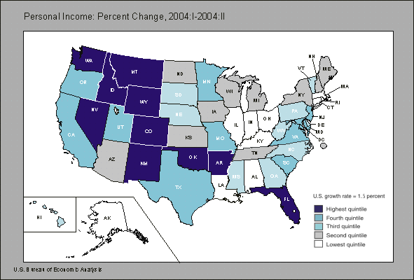 Chart 1: map of United States showing personal income percent change 2004:I - 2004:II
