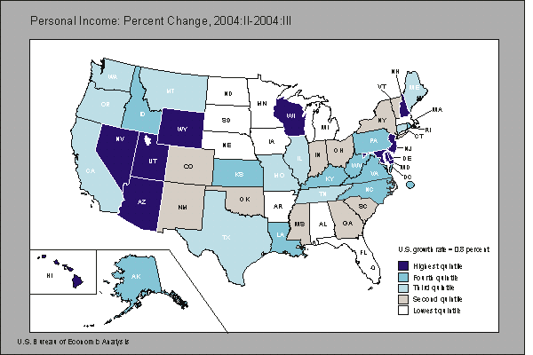 Chart 1: map of United States showing personal income percent change 2004:II - 2004:III