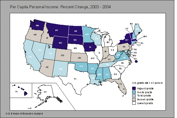 Map of United States showing per capita personal income percent change 2004:III - 2004:IV