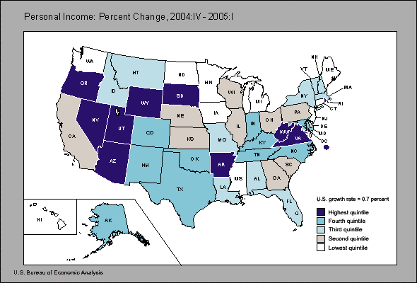 Map of United States showing personal income percent change 2004:IV - 2005:I