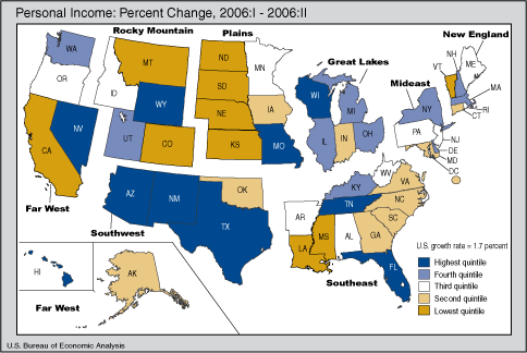 Map of United States showing personal income percent change 2006:I - 2006:II